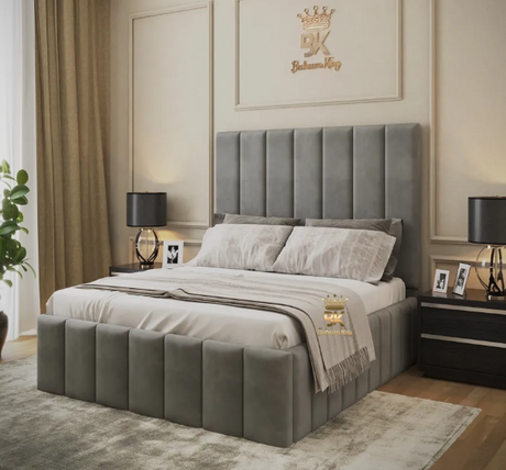 A grey small double bed highlighted in a bedroom