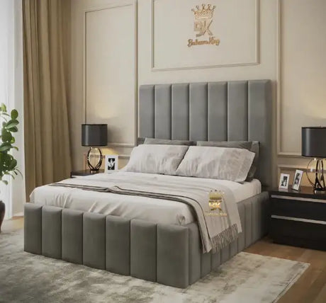 A grey small double bed highlighted in a bedroom