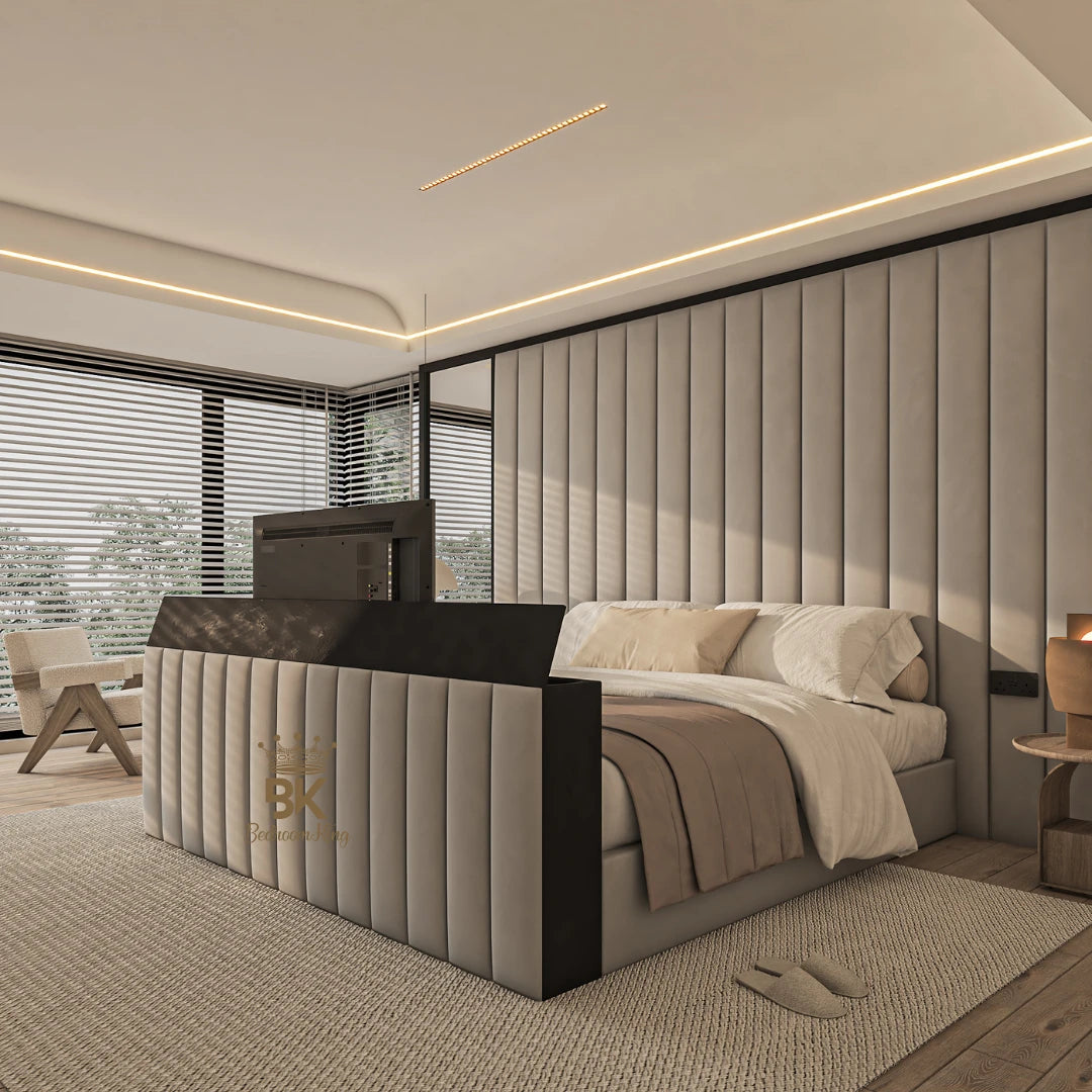 Black border TV bed + Wall panel with mirror made by Bedroomking