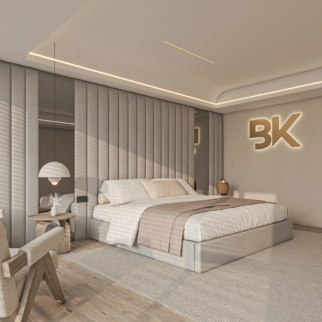 Luxury Ashford Wall Panel Storage Bed featuring mirrored panels and upholstered headboard made by Bedroomking