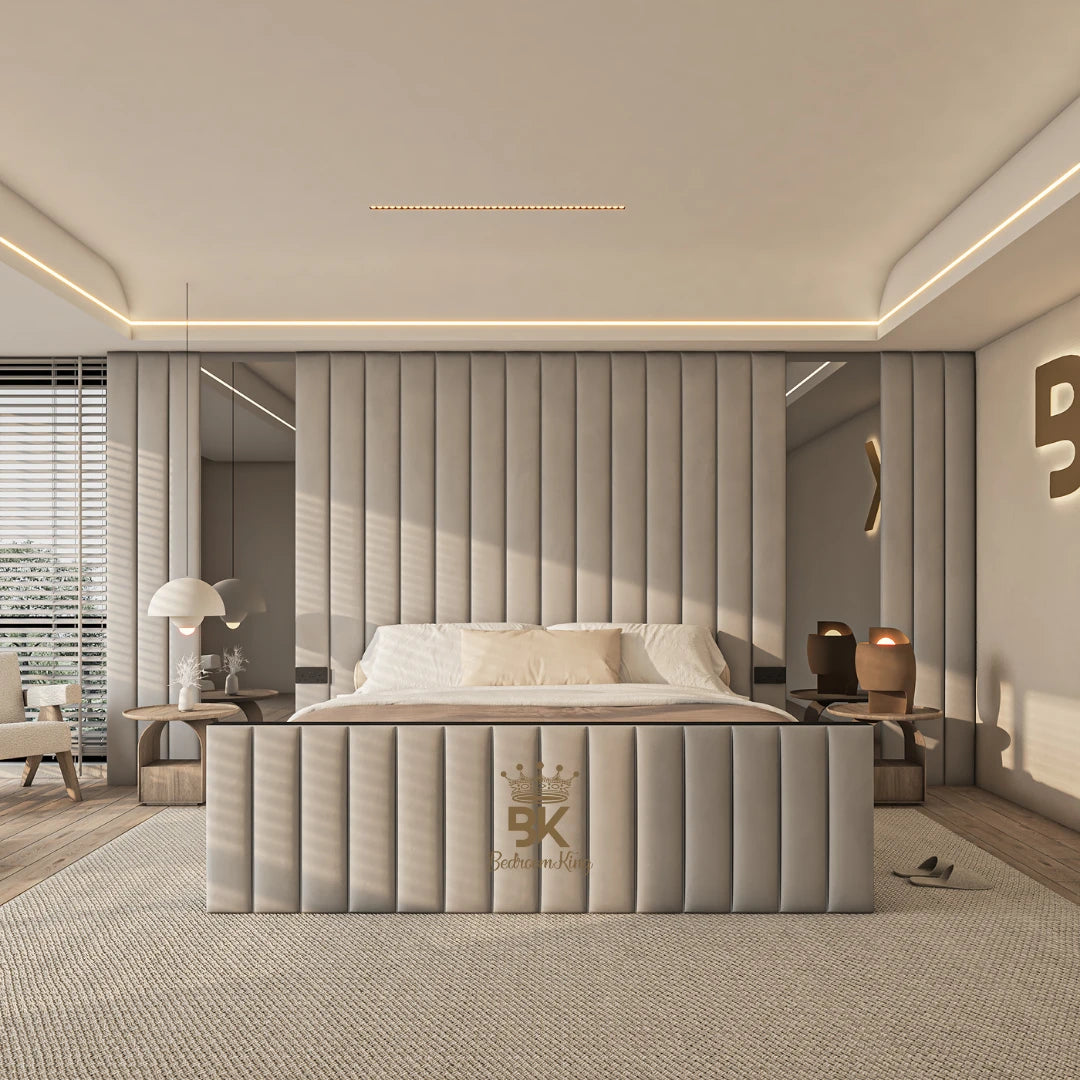 Luxury TV storage bed with built-in television lift, upholstered frame, wall panel with mirror made by Bedroomking