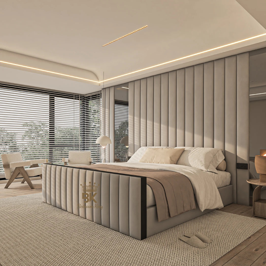 Wall panel bed frame with mirrors and storage options made by Bedroomking