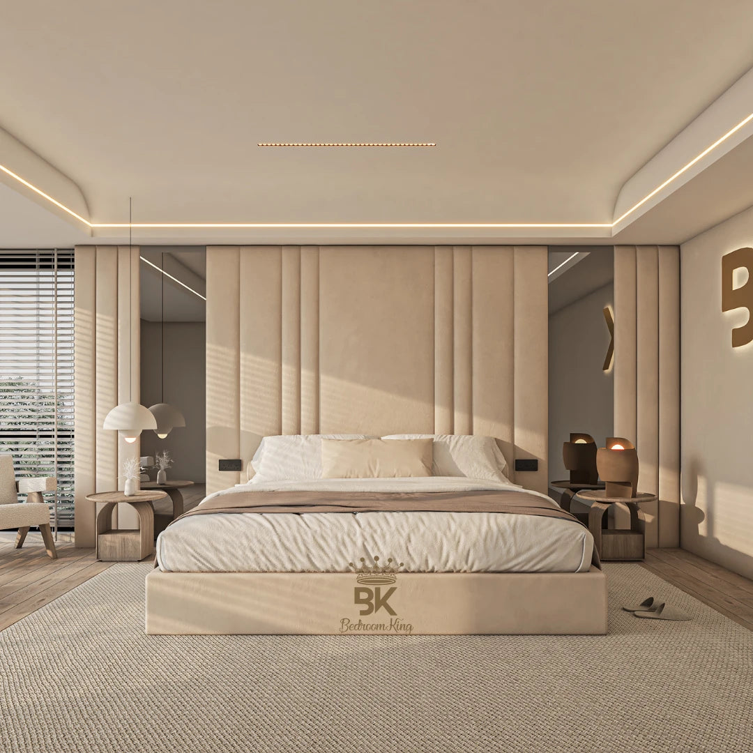 Cream wall panel bed + mirror + ottoman storage made by Bedroomking