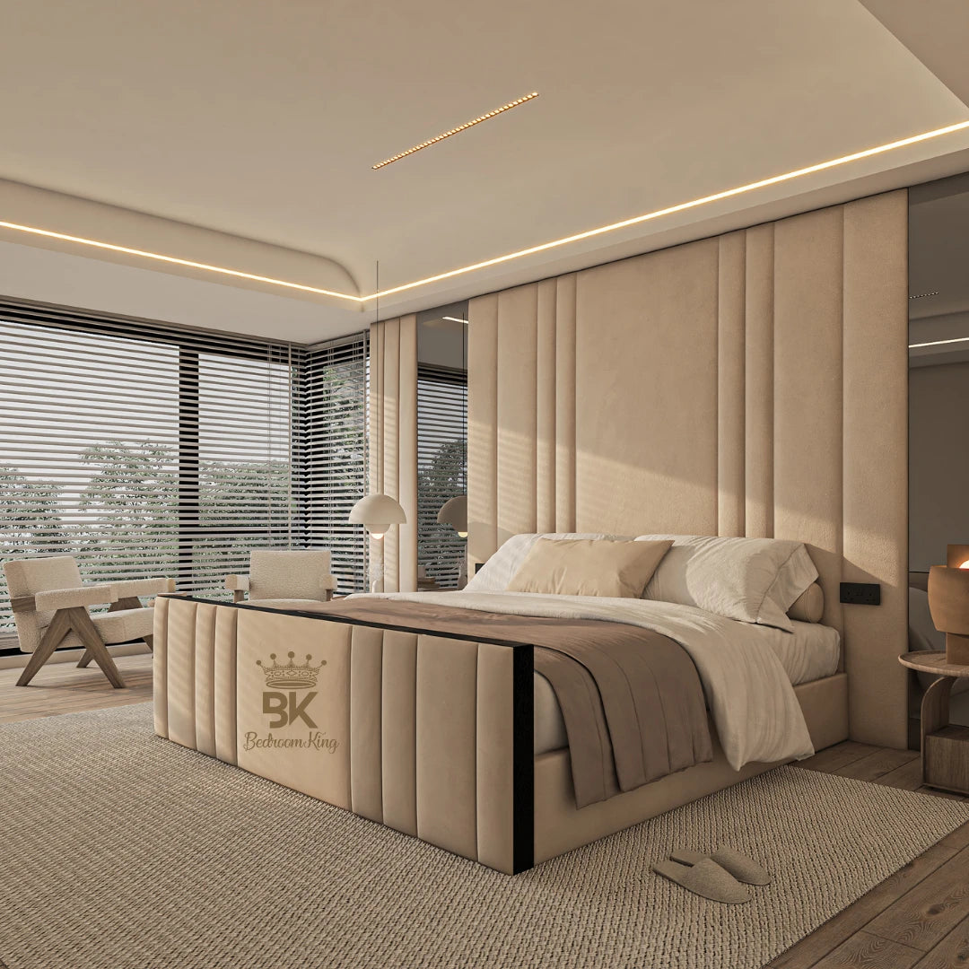 Wall panel storage bed frame wth mirrors made by Bedroomking