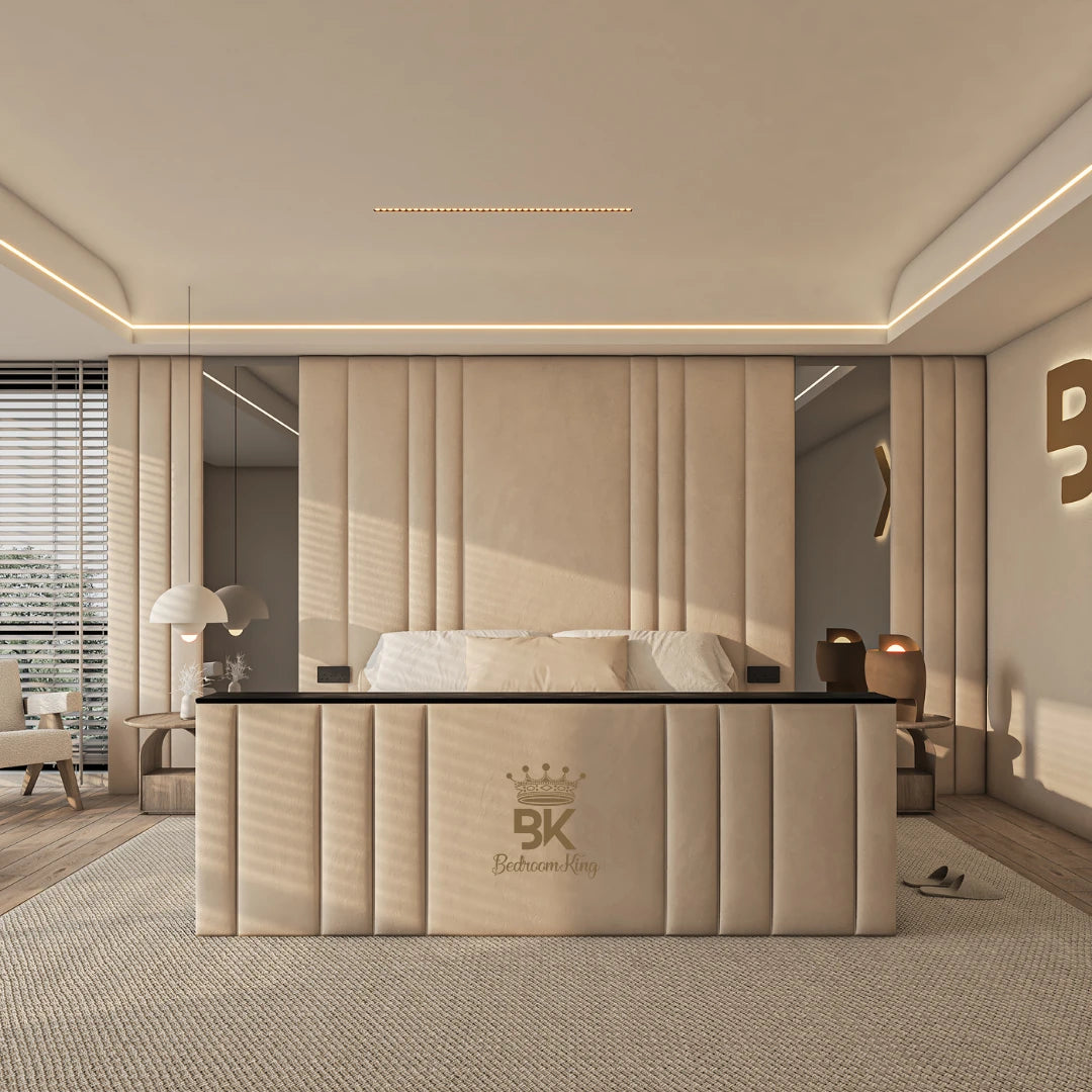 Modern Romford TV storage bed with wall panel made by Bedroomking