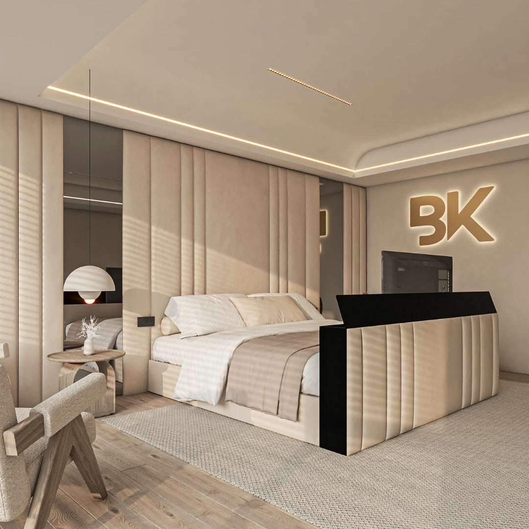 TV bed frame with tall headboard and wall panel with mirrors made by Bedroomking