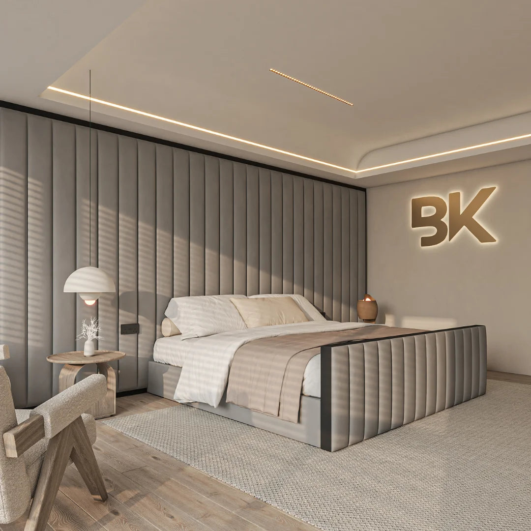 Upholstered storage bed with extra-tall headboard and bold black border