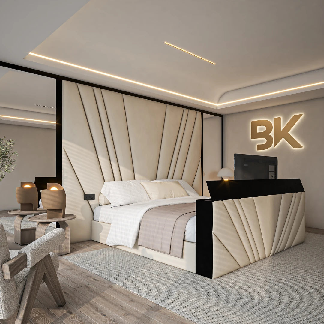 Belper bed featuring high headboard, built-in storage, and sleek mirror design