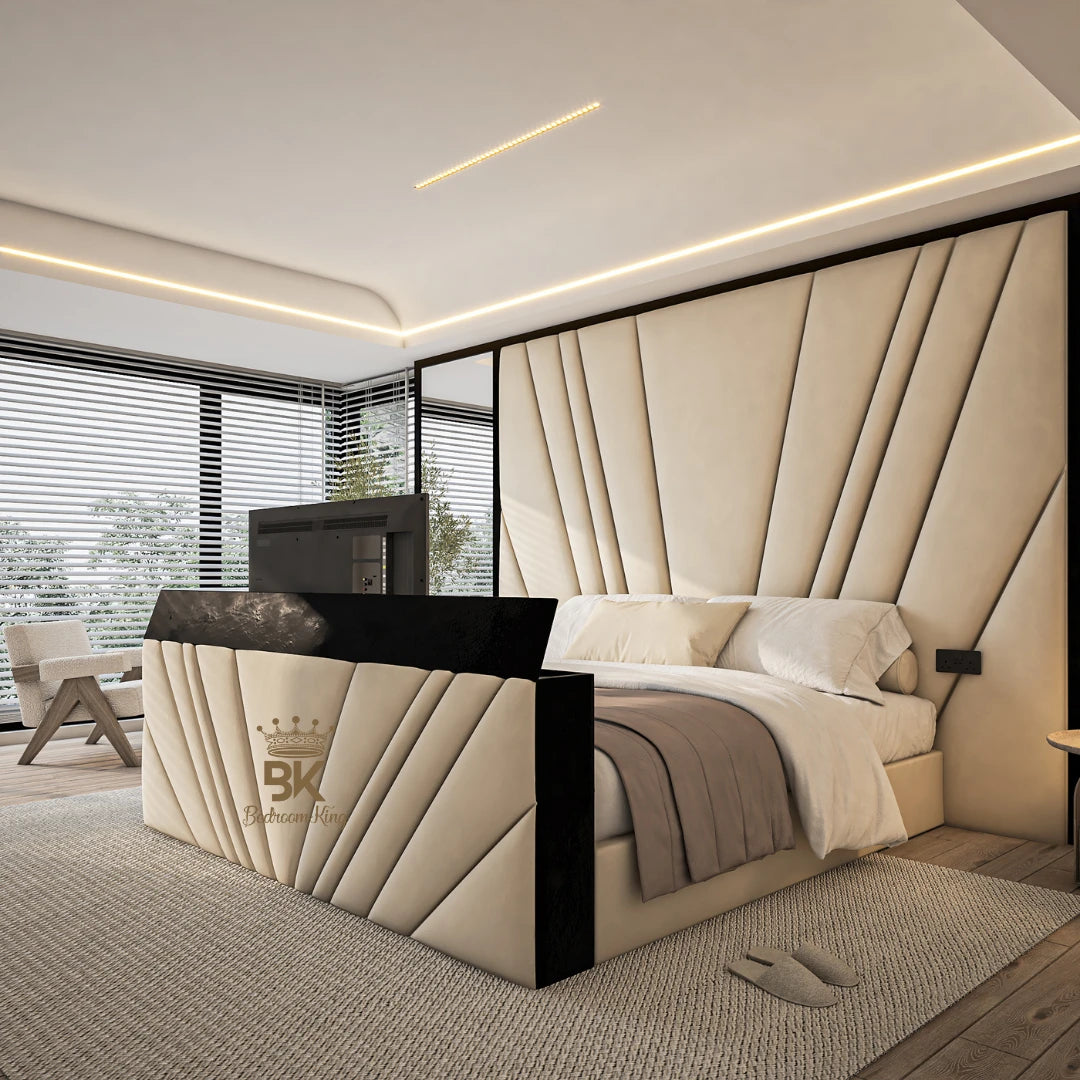 Supper king size TV storage bed frame in cream plush velvet made by Bedroomking