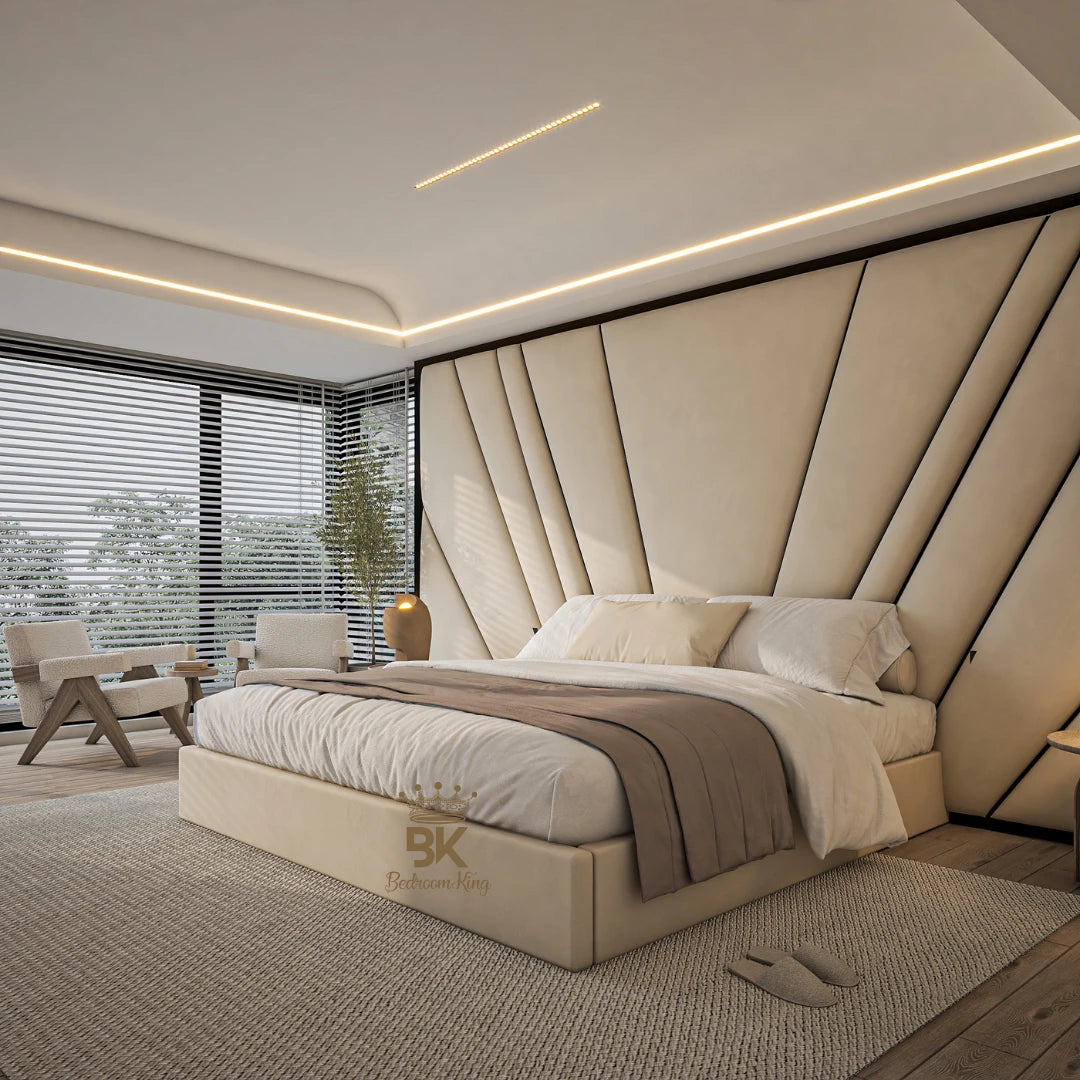 Black Border Storage Bed Frame in cream plush velvet made by Bedroomking