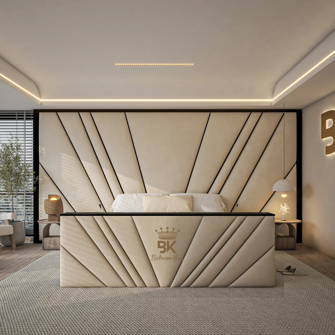 Wall panel TV bed with sleek black border and ottoman storage option made by Bedroomking