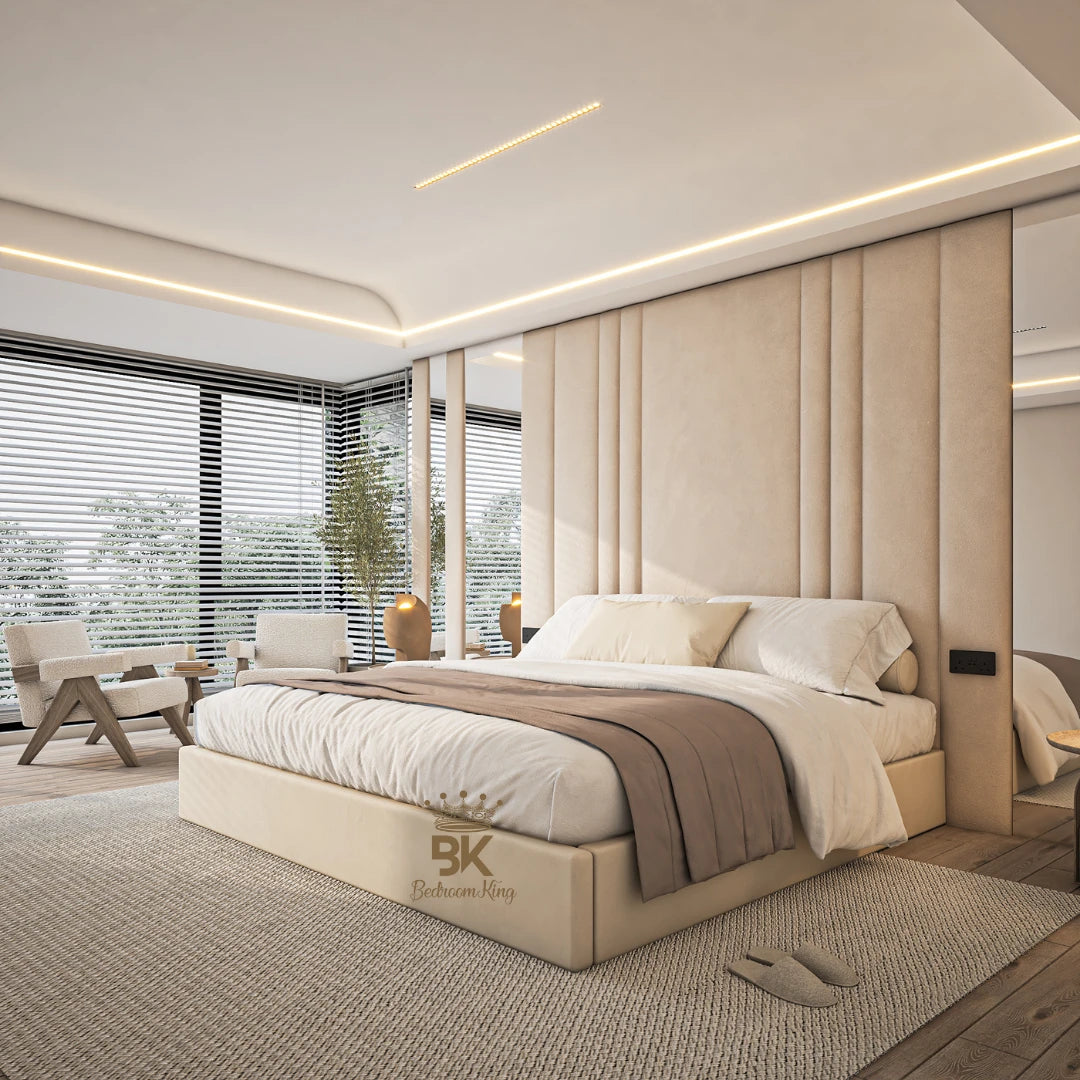 Wall panel bed frame with integrated storage and mirrors