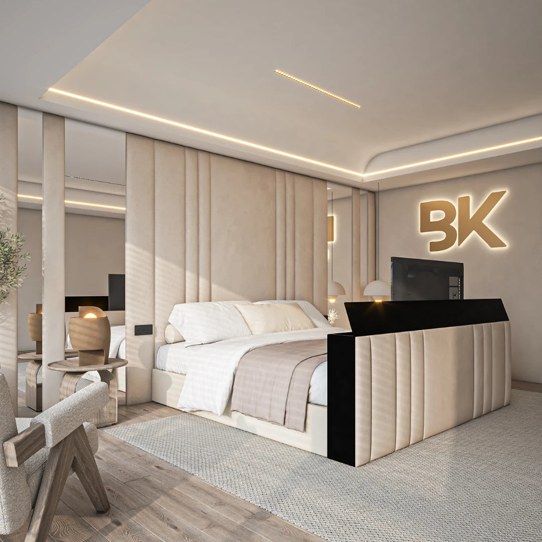 Wall panel storage TV bed with matching mirrors