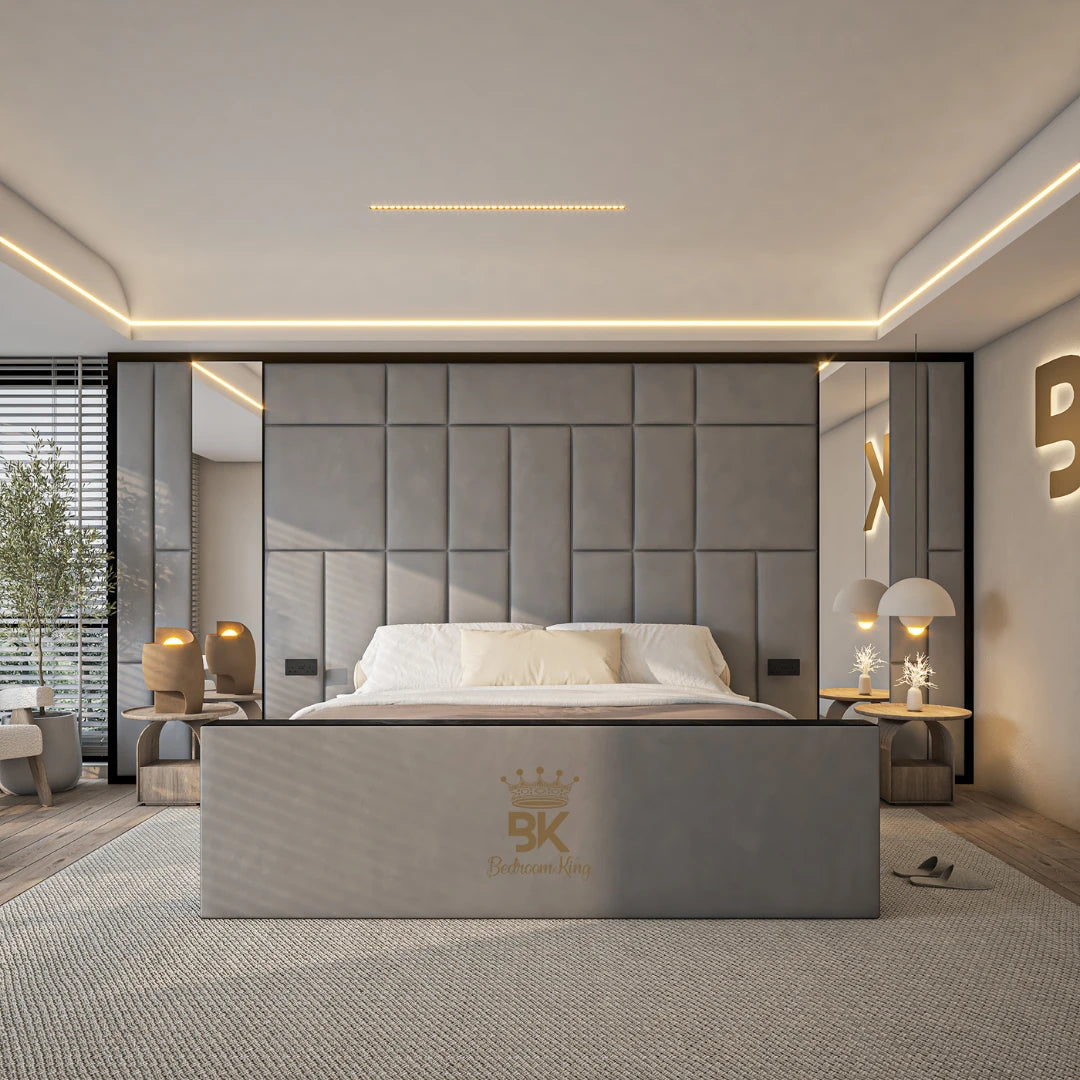 Upholstered mirror wall panel bed frame in grey plush velvet made by Bedroomking