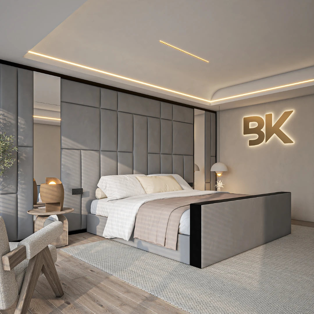 Grey wall panel mirror storage bed frame