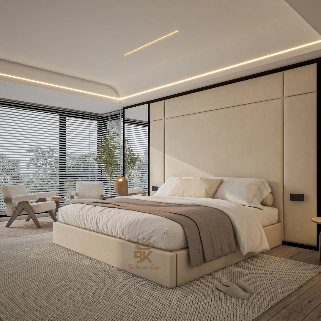 Wall panel high storage bed frame in cream plush velvet made by Bedroomking