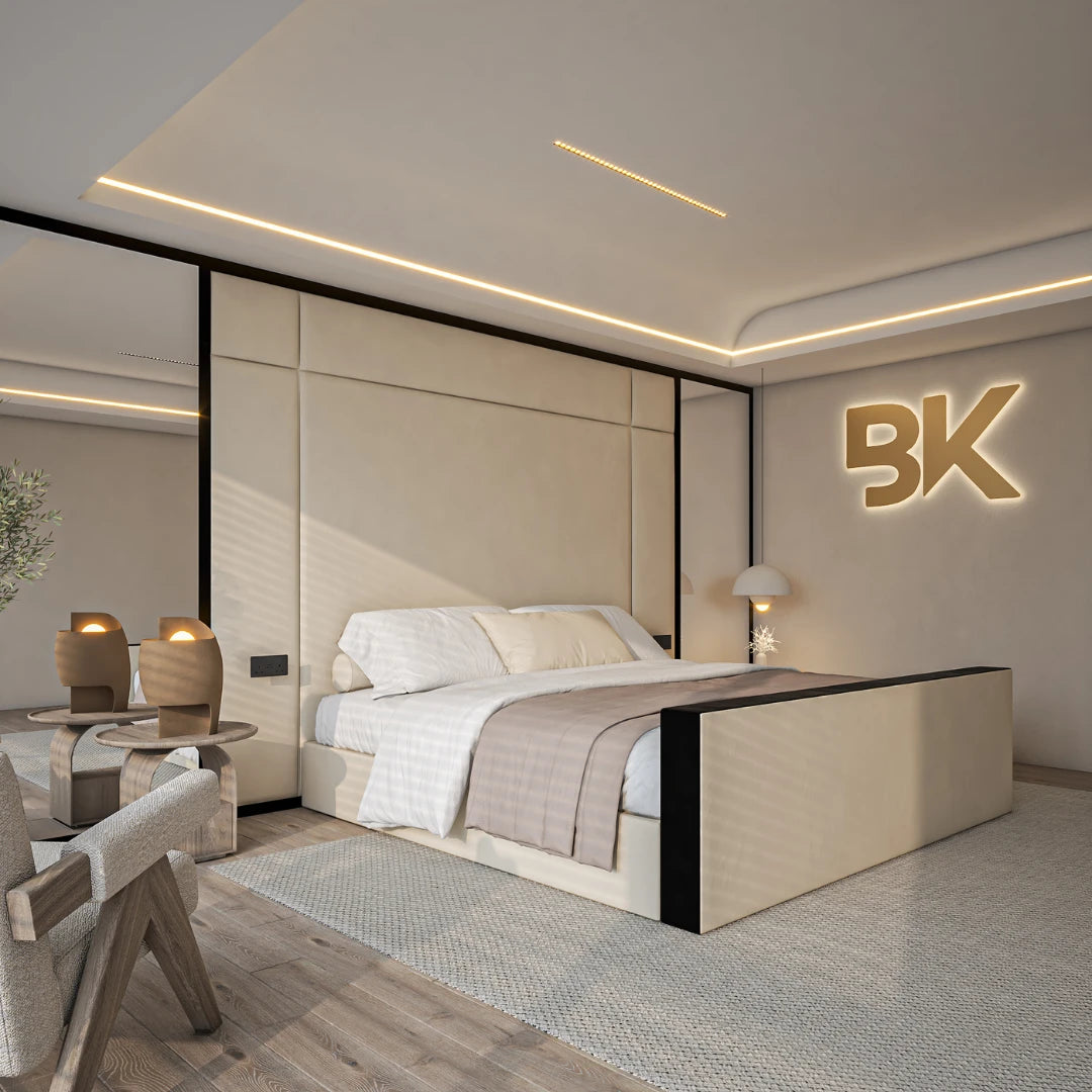 Luxury cream storage bed featuring wall panel headboard