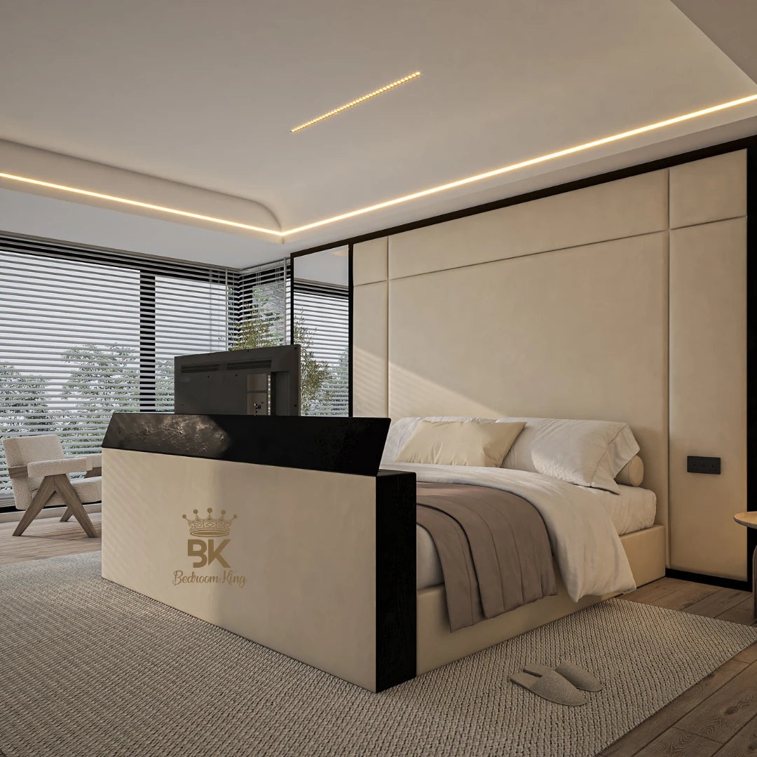 Wall panel storage TV bed with integrated TV lift and mirror made by Bedroomking