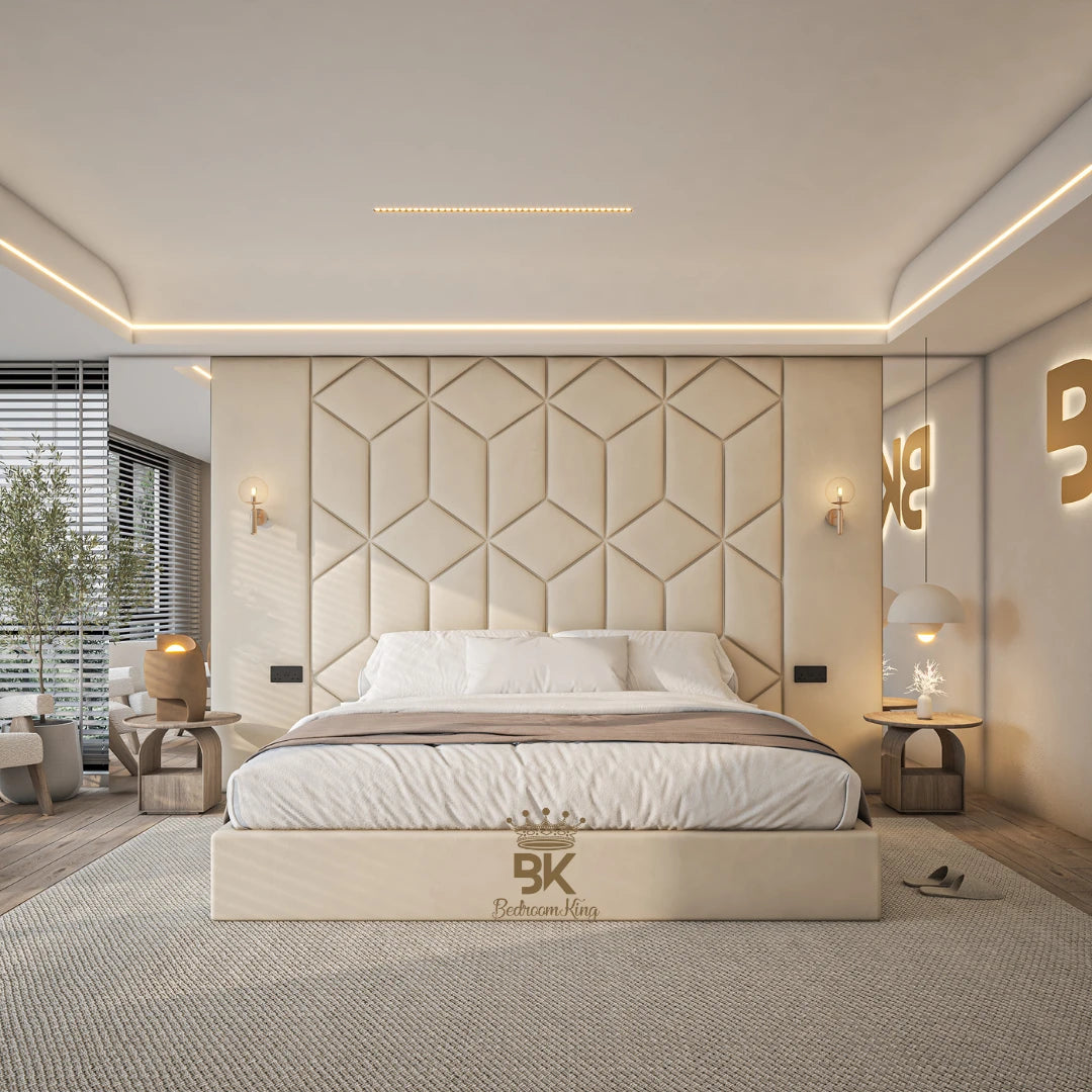 Upholstered storage bed frame + Wall panels with mirrors