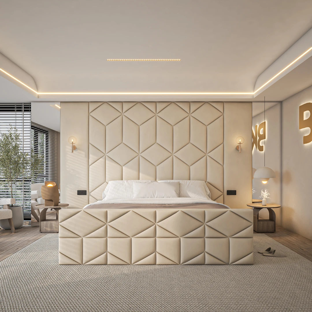 Cream storage bed with wall panel and mirrors made by Bedroomking