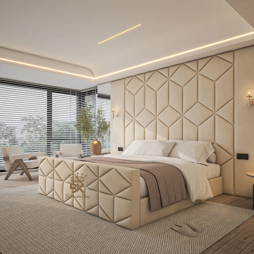 Wall panel bed frame with ottoman storage options in cream plush velvet made by Bedroomking