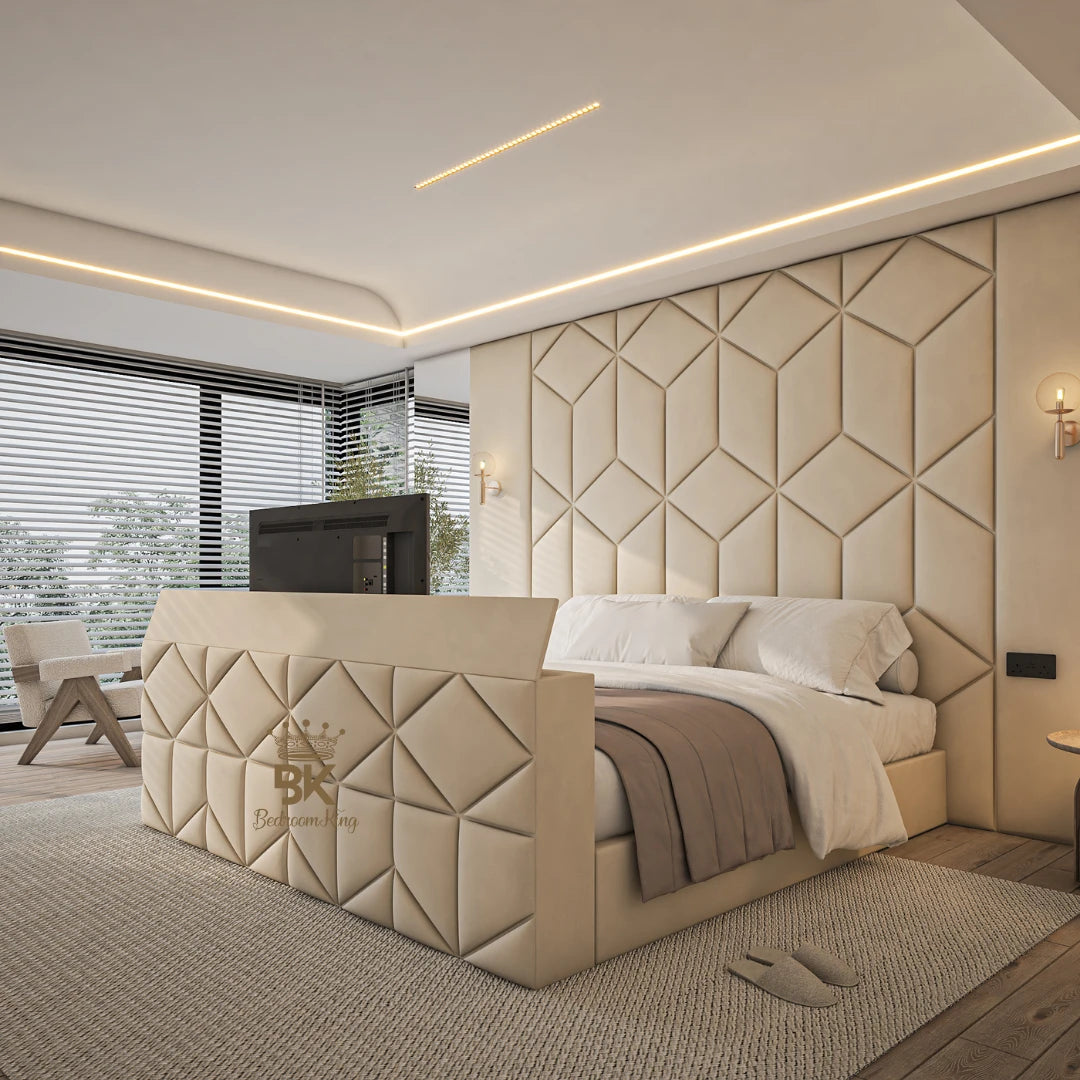 Wall panel TV king size bed frame with mirrors made by Bedroomking