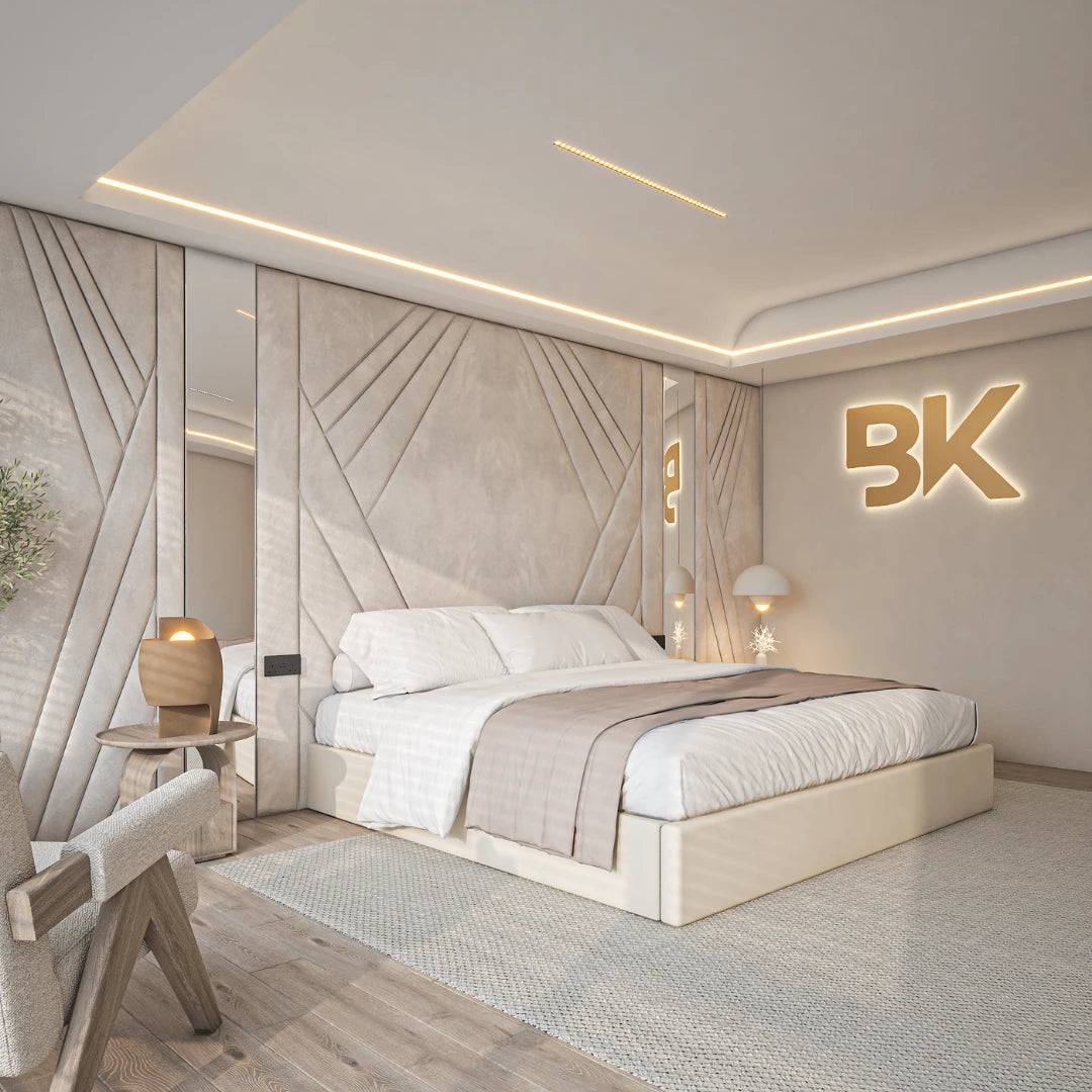 Modern bedroom with luxury wall panel bed frame with mirrors and ottoman storage