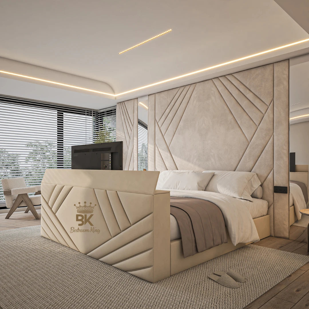 King size tv bed frame with mirror wall panel made by Bedroomking