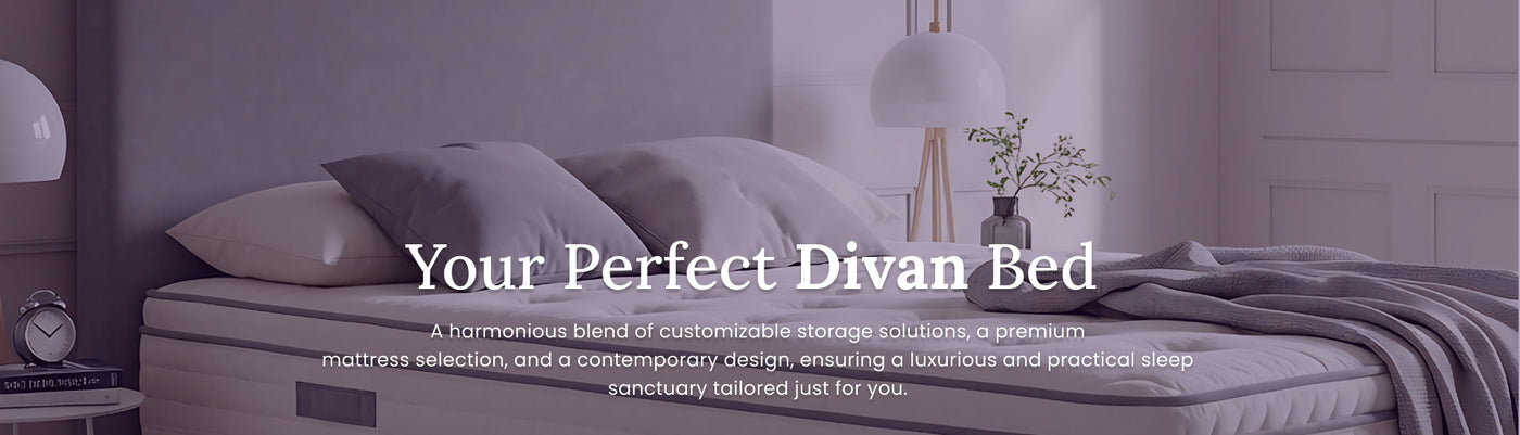 Divan bed with pillows and a plant in a bedroom setting, with text overlay.