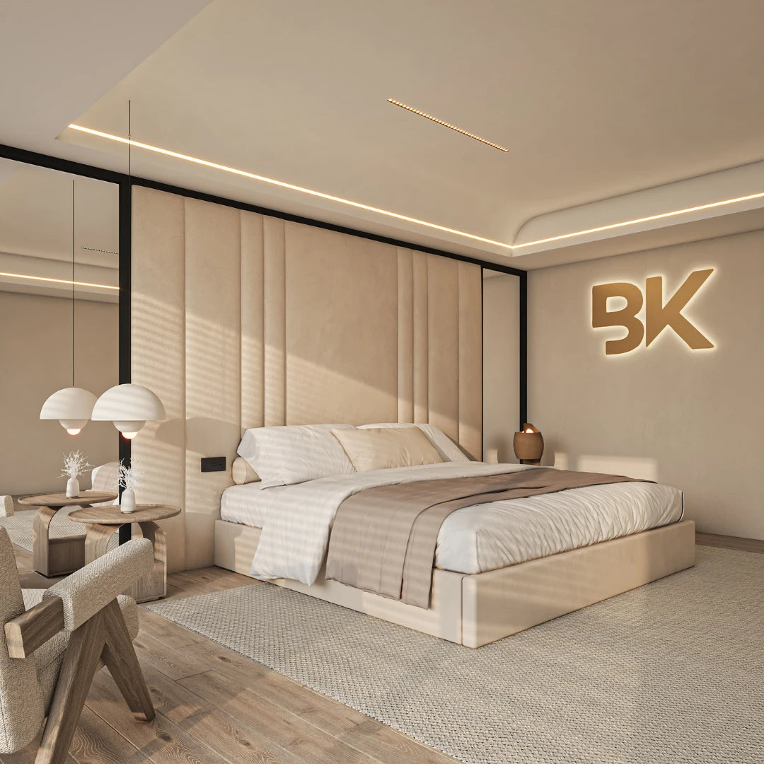 Wall panel bed in cream plush made by Bedroomking