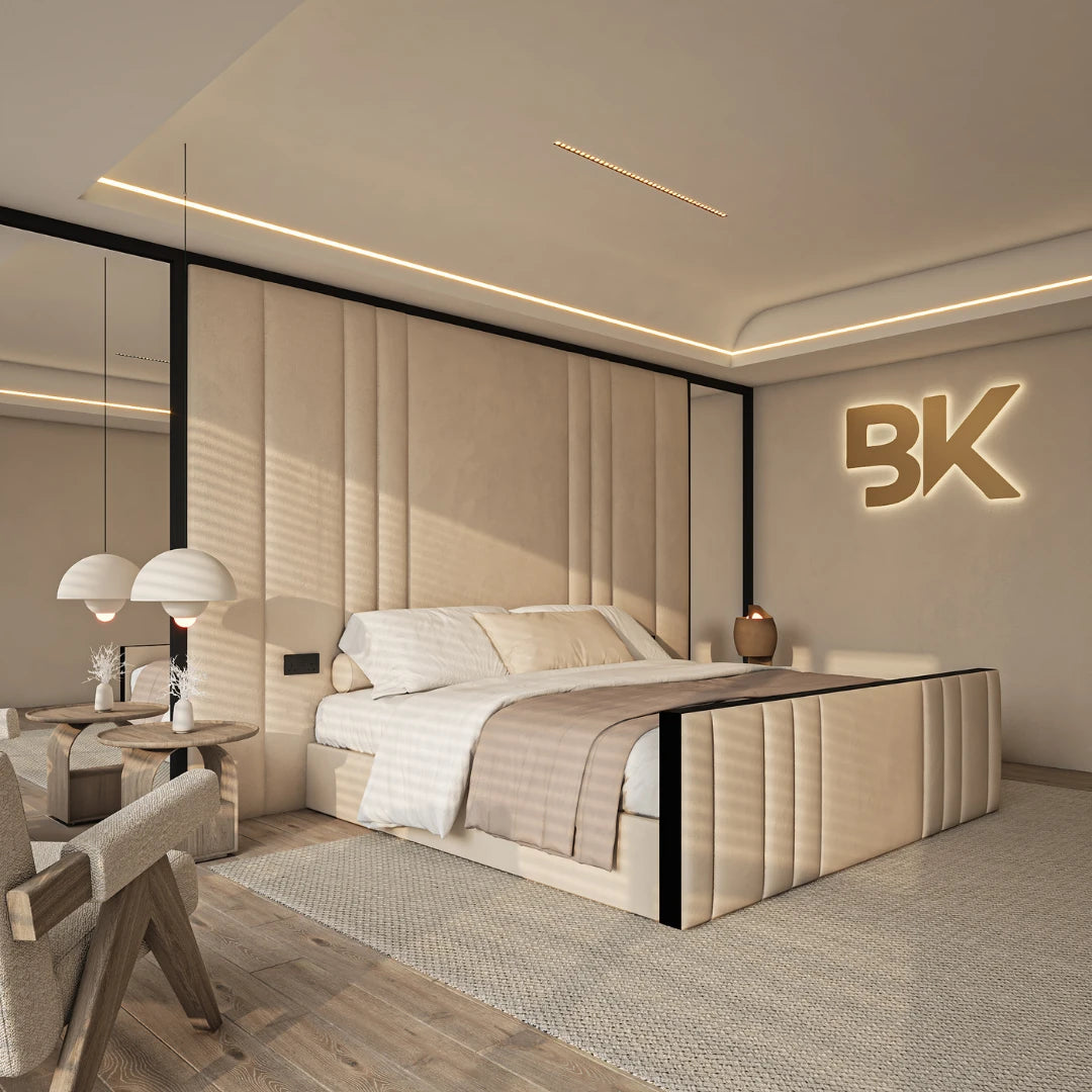 Upholstered bed frame with black borders and wall panel with mirrors