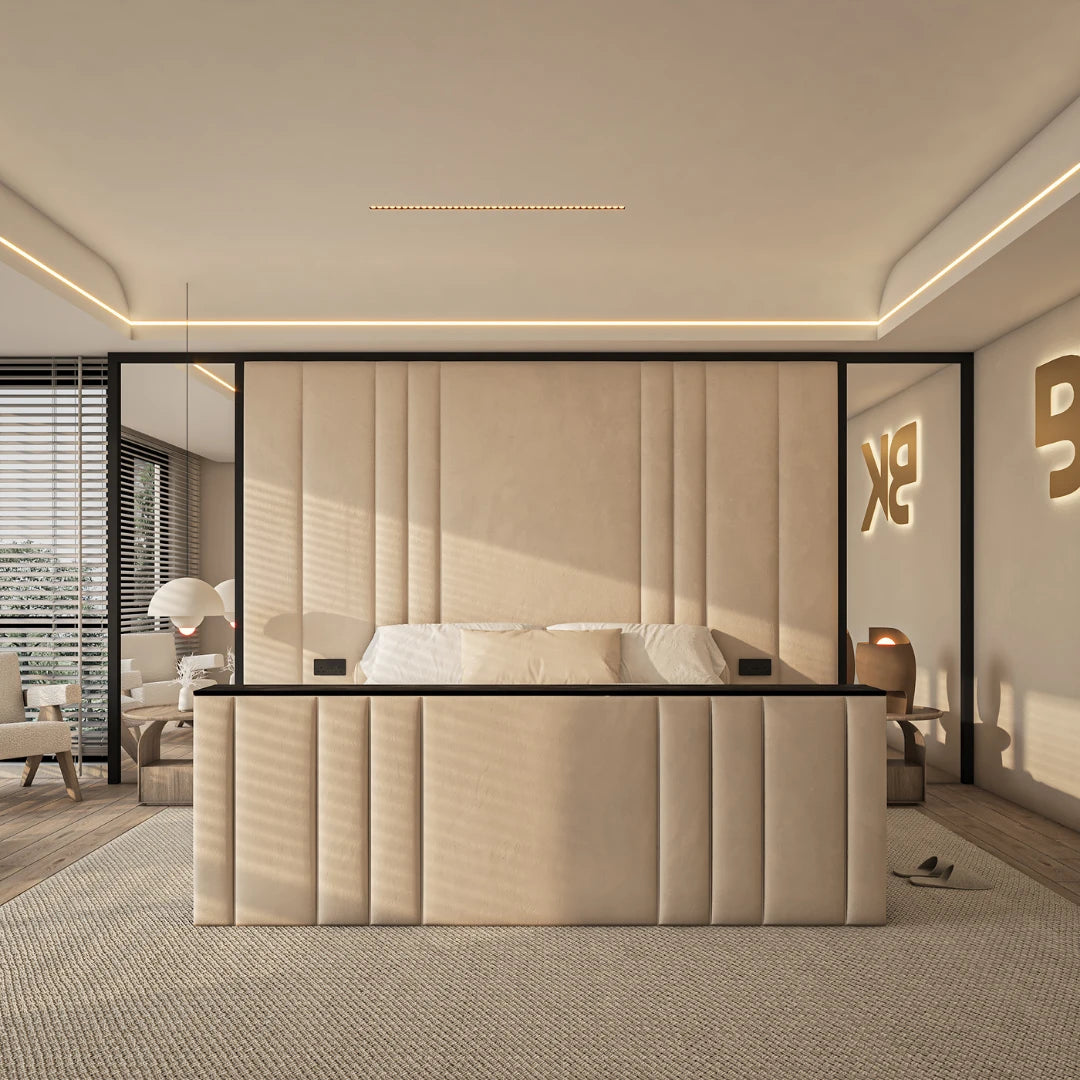 Wall panel Super king size bed frame made by Bedroomking - Cream Plush