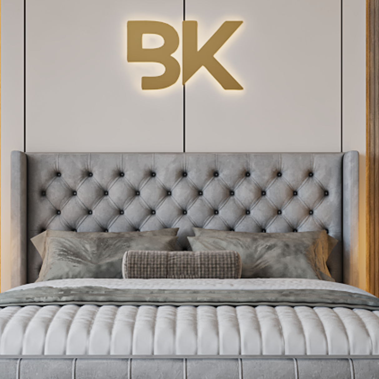 Silver tufted headboard with buttons made by Bedroomking