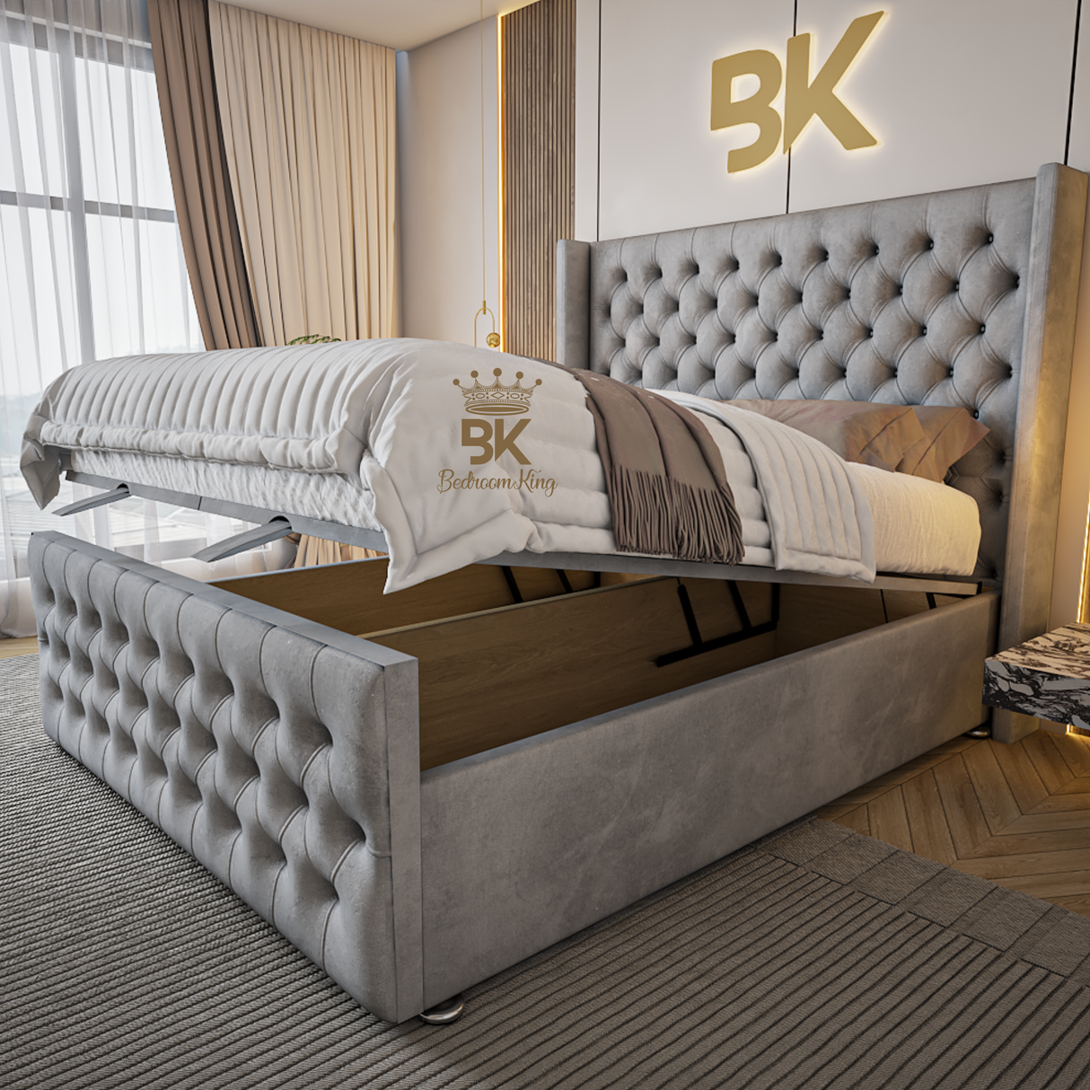 Upholstered Wingman ottoman divan bed frame in king size