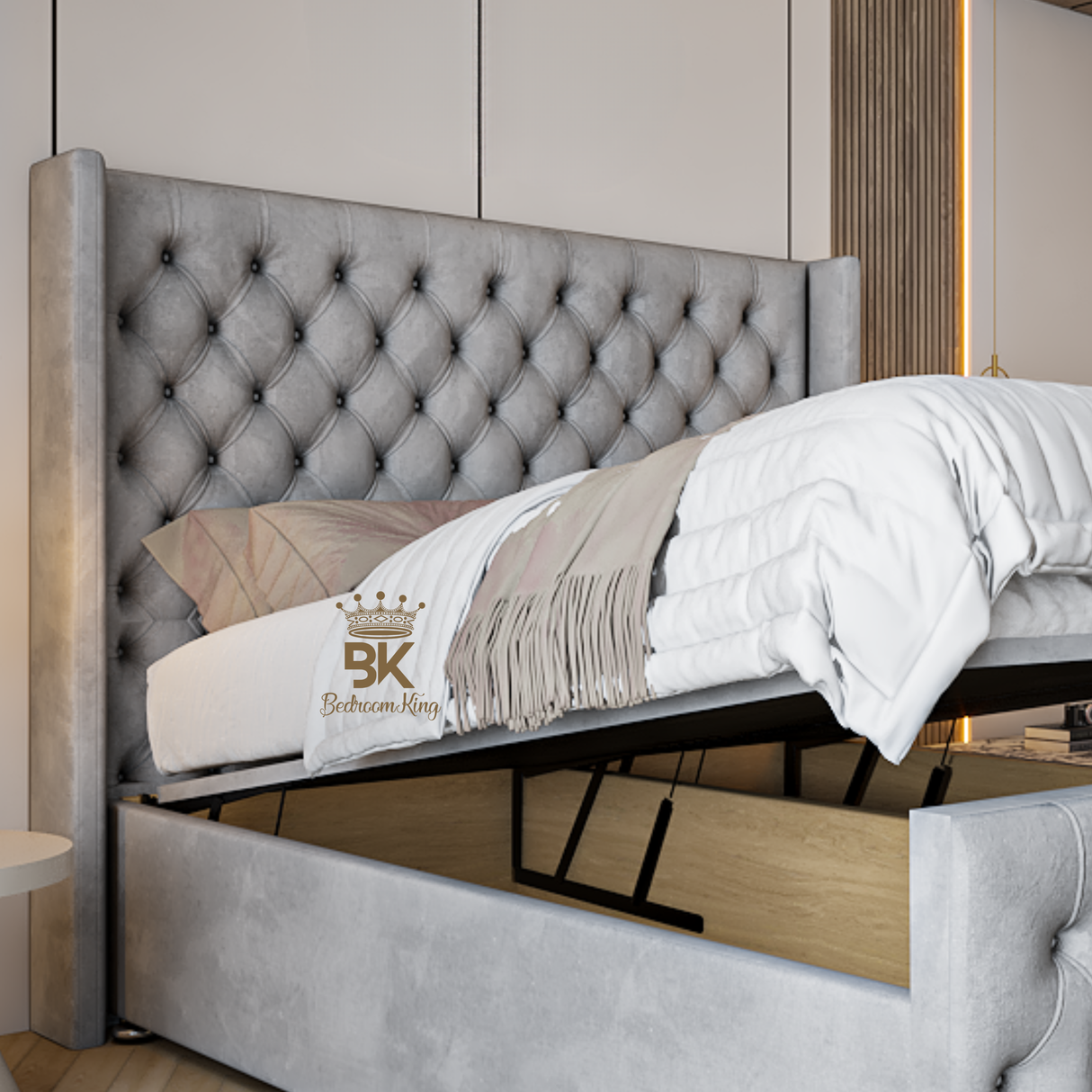 Wingback Headboard in silver plush velvet