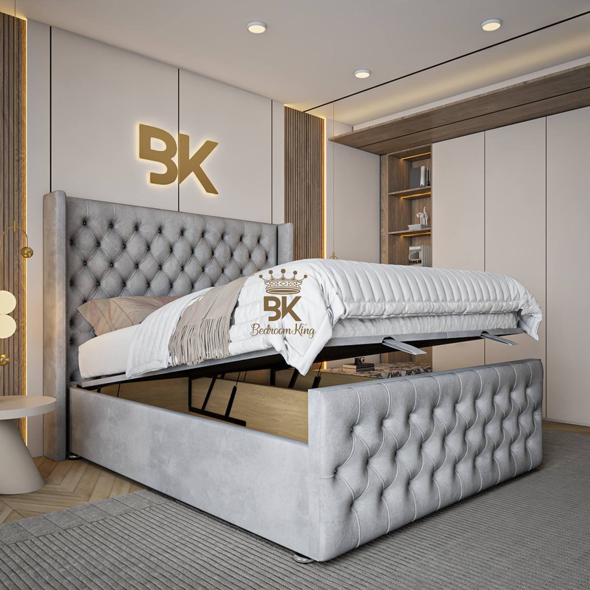 Wingman ottoman divan bed frame in silver plush velvet