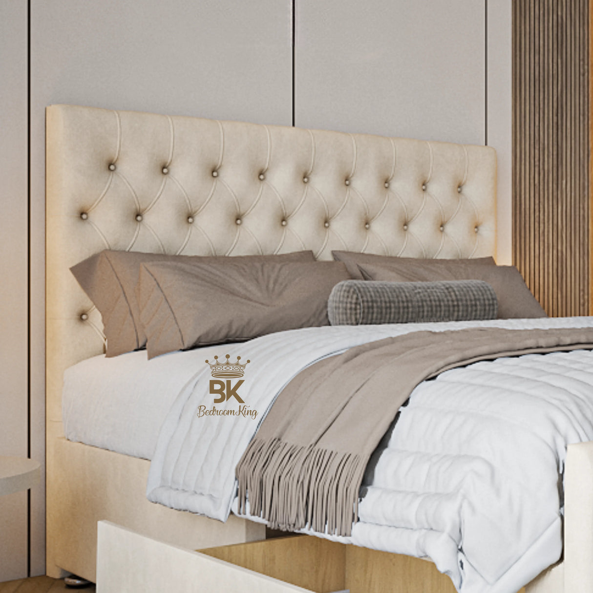 Cream tufted headboard with bedding and pillows on a bed, made by Bedroomking