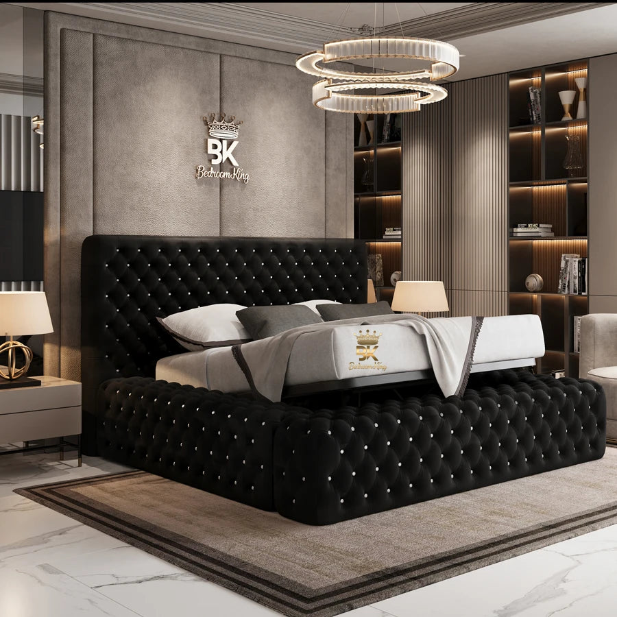 Modern bedroom with a black tufted bed and decorative lighting.