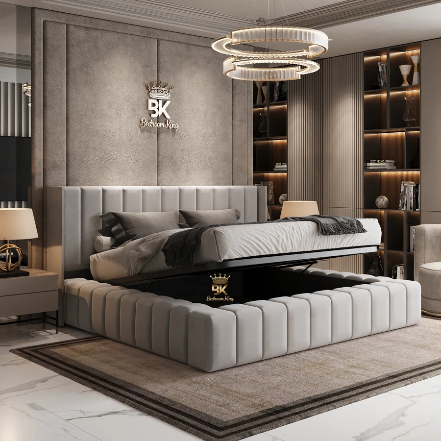 Modern bedroom with a tufted bed and 'Bedroomking' handmande bedframe.