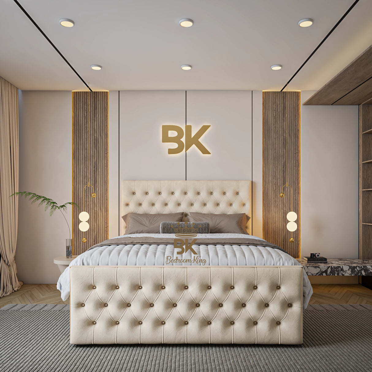 Durable ottoman divan storage bed frame in cream plush velvet