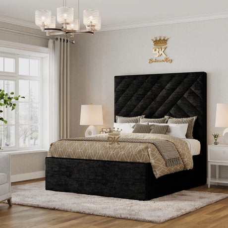 Isbah black chenille storage bedframe with piping