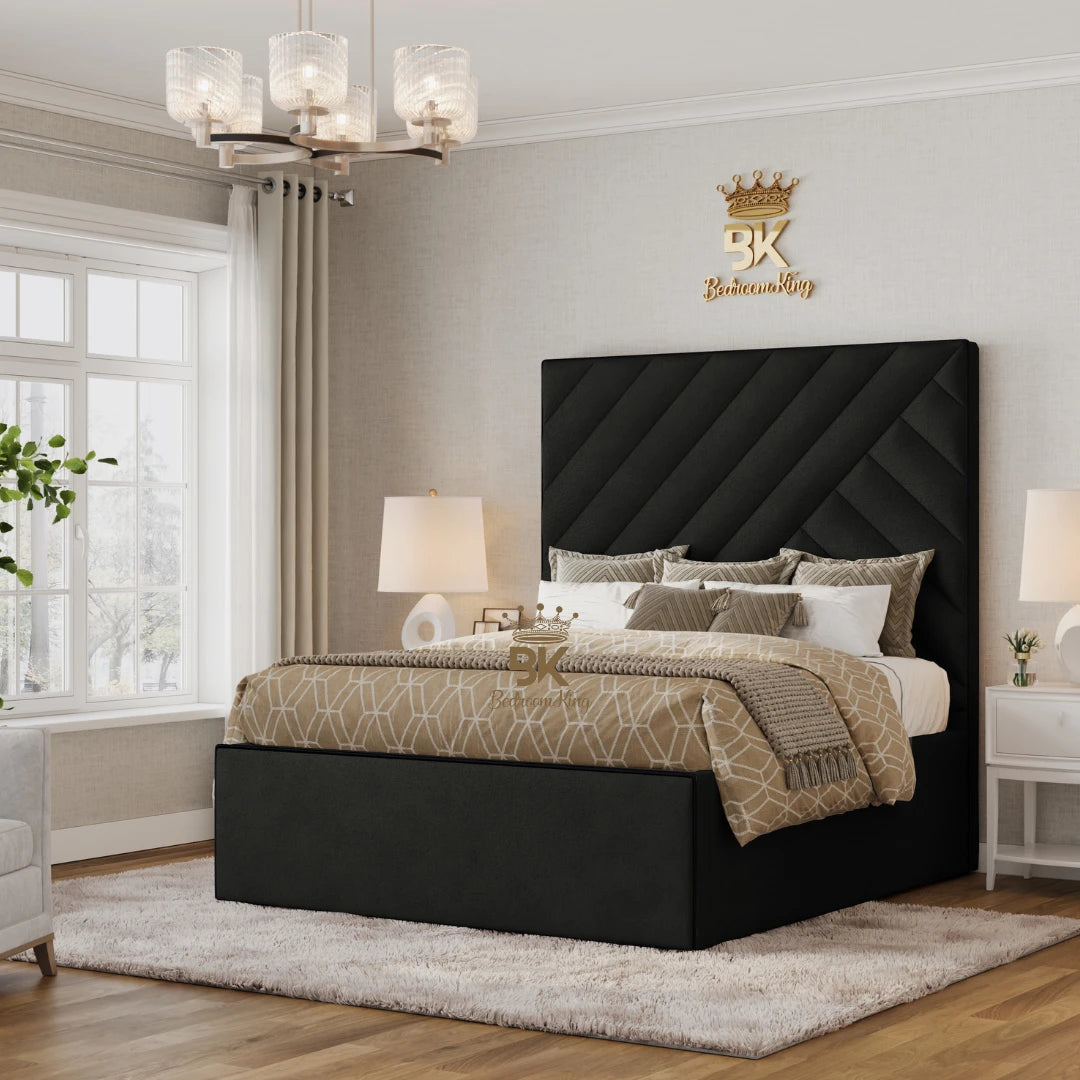 King size upholstered storage bed frame in black velvet