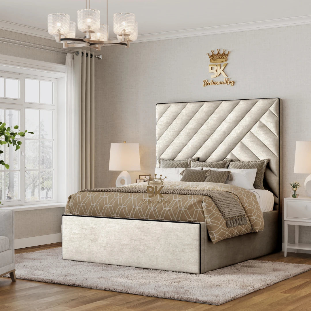 cream chenille upholstered storage bed