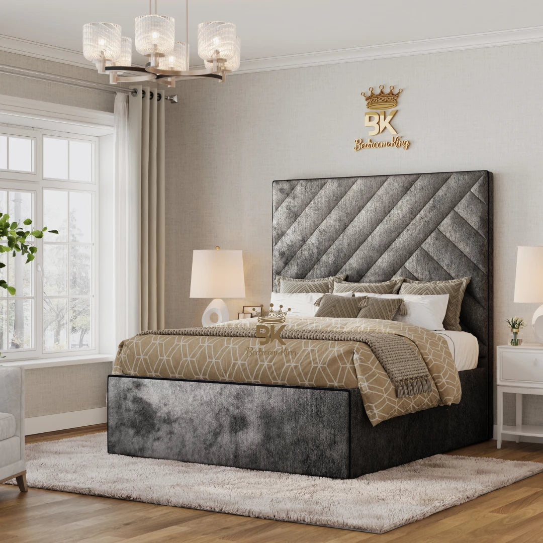 deep grey crushed storage bed with sleek piped design for modern bedrooms