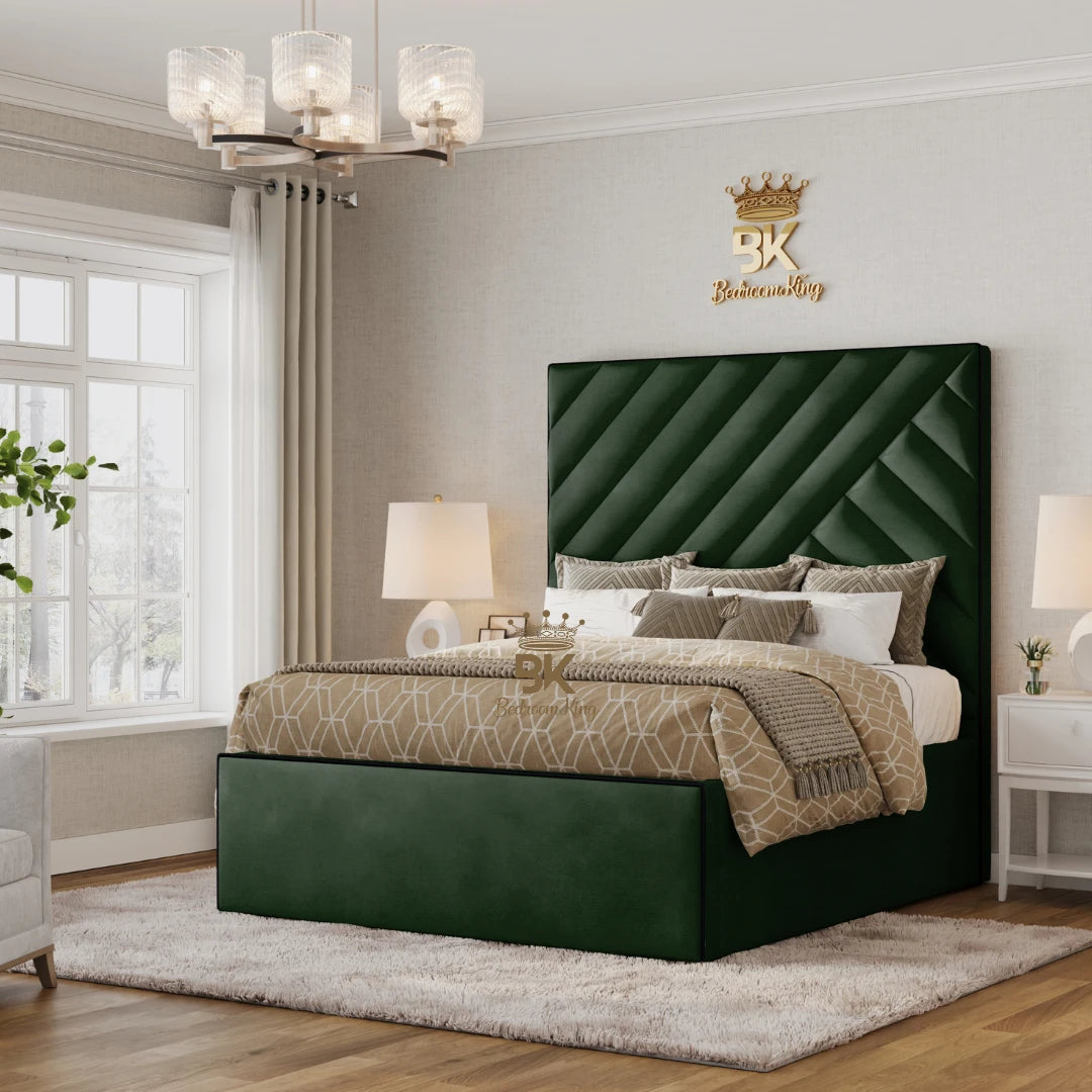 King size upholstered storage bed frame in emerald coniston
