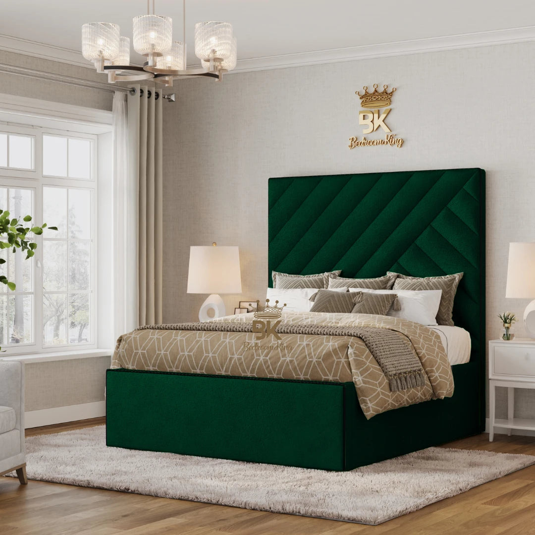 Green plush velvet ottoman storage bed in king size