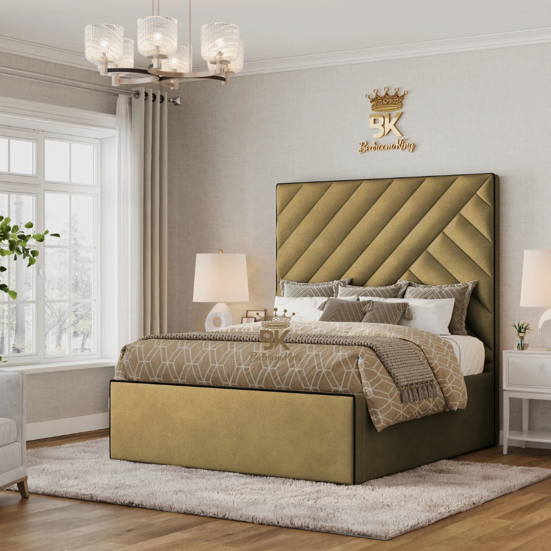 Super king size storage bed frame in mustard plush velvet
