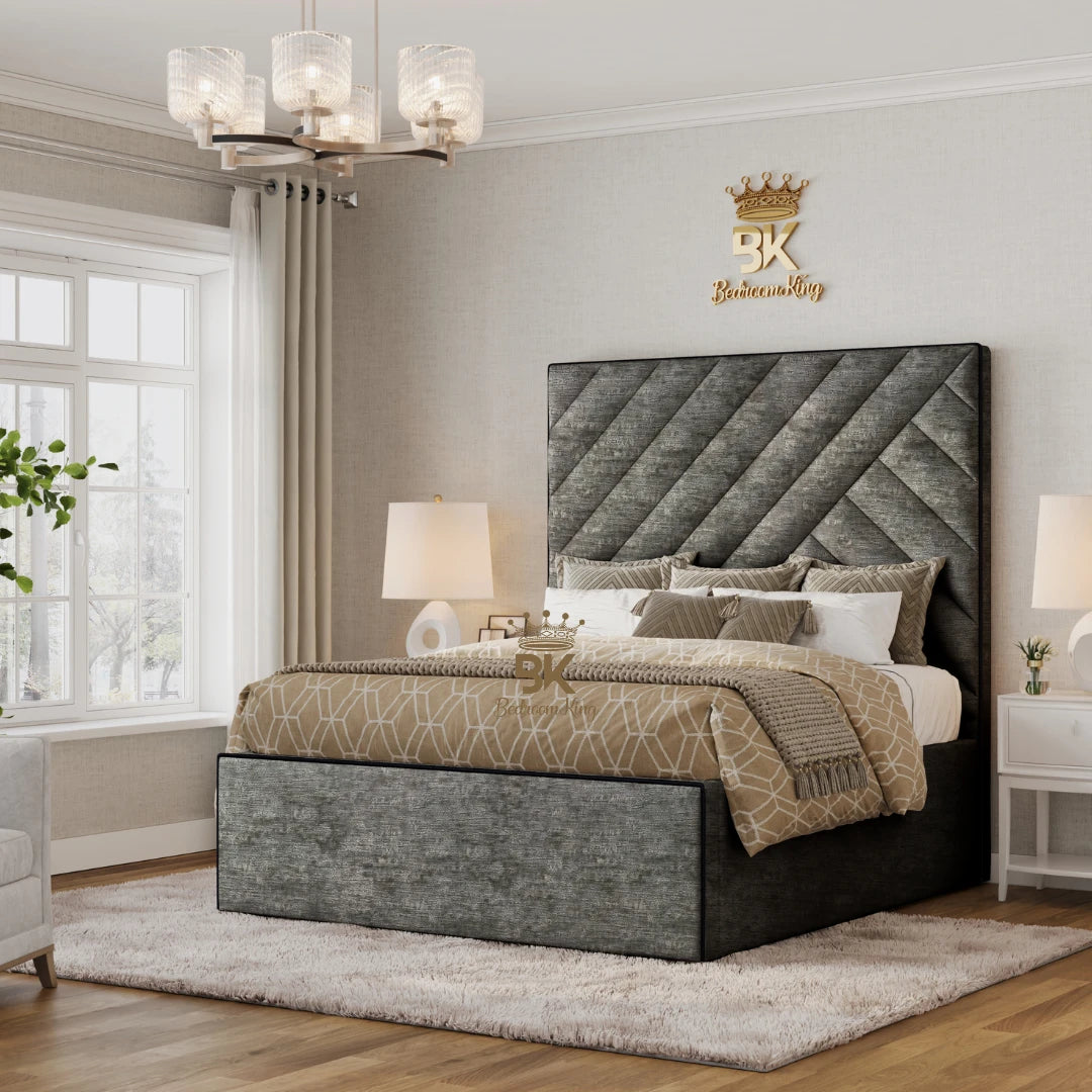 Modern steel chenile Isbah bed frame with clean lines and hidden storage compartment