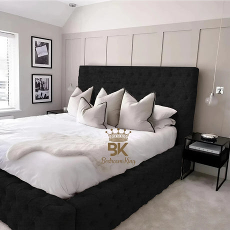 Super king black chenille storage bed