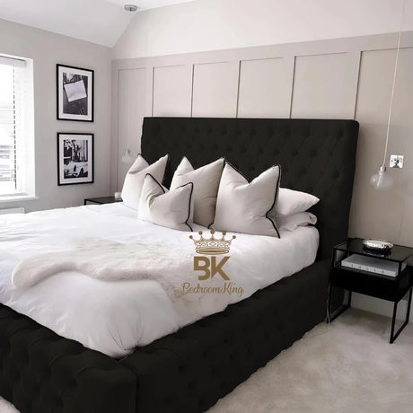 Luxurious black plush velvet bed with a grand wingback Ambassador design